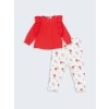 LCW baby KIRMIZI Bisiklet Yaka Çiçekli Kız Bebek Bluz ve Tayt 2li
