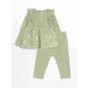 LCW baby YEŞİL Bisiklet Yaka Çiçekli Kız Çocuk Bluz ve Tayt 2li