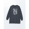 LCW Modest ANTRASİT Bisiklet Yaka Baskılı Oversize Kadın Sweatshirt Tunik