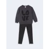 LCW Kids GRİ Bisiklet Yaka Leopar Desenli Kız Çocuk Sweatshirt ve Tayt 2li