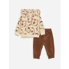 LCW baby BEJ Kapüşonlu Desenli Polar Erkek Bebek Fermuarlı Sweatshirt ve Eşofman Altı 2li Takım