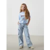 LCW Kids MAVİ Beli Ayarlanabilir Lastikli Kız Çocuk Kargo Jean Pantolon