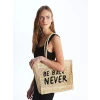 LCW ACCESSORIES EKRU Yazı Baskılı Kadın Hasır Kol Çantası