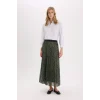Defacto E5454 Haki Pilise Baskılı Şifon Maxi Etek