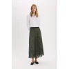 Defacto E5454 Haki Pilise Baskılı Şifon Maxi Etek