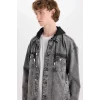 Defacto D0416 Gri Oversize Geniş Kalıp Kapüşonlu Düğmeli Mevsimlik Baharlık Jean Ceket