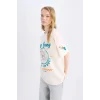 Defacto D9110 Ekru Coool Looney Tunes Oversize Geniş Kalıp Bisiklet Yaka Baskılı Kısa Kollu Tişört