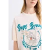 Defacto D9110 Ekru Coool Looney Tunes Oversize Geniş Kalıp Bisiklet Yaka Baskılı Kısa Kollu Tişört