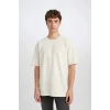 Defacto D5494 Ekru Boxy Fit Bisiklet Yaka Baskılı Kısa Kollu Ağır Kumaş Tişört