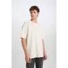 Defacto D5494 Ekru Boxy Fit Bisiklet Yaka Baskılı Kısa Kollu Ağır Kumaş Tişört