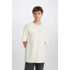 Defacto D5494 Ekru Boxy Fit Bisiklet Yaka Baskılı Kısa Kollu Ağır Kumaş Tişört
