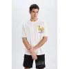 Defacto B3894 Ekru DeFactoFit NBA Los Angeles Lakers Oversize Geniş Kalıp Bisiklet Yaka Kısa Kollu Tişört