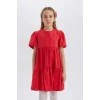 Defacto B6927 Kırmızı Kız Çocuk 23 Nisan Çocuk Bayramı Bisiklet Yaka Pamuklu Kısa Kollu Kırmızı Elbise