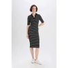 Defacto E6792 Siyah Bodycon Vücudu Saran Polo Yaka Fitilli Kaşkorse Kısa Kollu Midi Elbise