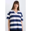 Defacto E2161 Lacivert Relax Fit Çizgilil Penye Kısa Kollu Polo Tişört