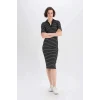 Defacto E6792 Siyah Bodycon Vücudu Saran Polo Yaka Fitilli Kaşkorse Kısa Kollu Midi Elbise