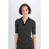Defacto E6792 Siyah Bodycon Vücudu Saran Polo Yaka Fitilli Kaşkorse Kısa Kollu Midi Elbise