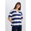 Defacto E2161 Lacivert Relax Fit Çizgilil Penye Kısa Kollu Polo Tişört