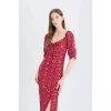 Defacto Z5262 Bordo Bodycon Vücudu Saran Kare Yaka Desenli Yırtmaçlı Bürümcük Yarım Kol Midi Elbise
