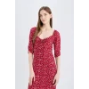Defacto Z5262 Bordo Bodycon Vücudu Saran Kare Yaka Desenli Yırtmaçlı Bürümcük Yarım Kol Midi Elbise