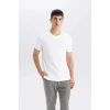Defacto M6608 Ekru Slim Fit Dar Kesim Bisiklet Yaka Basic Düz Beyaz Kısa Kollu Tişört
