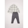 Defacto E0322 Gri Erkek Bebek 2li Takım Kareli Uzun Kollu Gömlek Beli Lastikli Pantolon