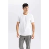 Defacto M6608 Ekru Slim Fit Dar Kesim Bisiklet Yaka Basic Düz Beyaz Kısa Kollu Tişört