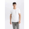 Defacto M6608 Ekru Slim Fit Dar Kesim Bisiklet Yaka Basic Düz Beyaz Kısa Kollu Tişört