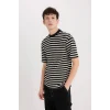 Defacto B5910 Siyah Boxy Fit Bisiklet Yaka Çizgili Kısa Kollu Ağır Kumaş Tişört