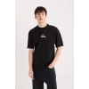 Defacto D5571 Siyah Boxy Fit Bisiklet Yaka Sırt Baskılı Kısa Kollu Tişört