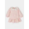 Defacto D9565 Pembe Kız Bebek Bebe Yaka Çiçek Nakışlı Uzun Kollu Twill Elbise