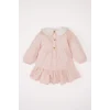 Defacto D9565 Pembe Kız Bebek Bebe Yaka Çiçek Nakışlı Uzun Kollu Twill Elbise
