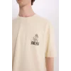 Defacto B8098 Bej One Piece Oversize Geniş Kalıp Bisiklet Yaka Baskılı Kısa Kollu Tişört