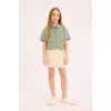 Defacto D9143 Yeşil Kız Çocuk Crop Keten Kısa Kollu Gömlek