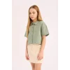 Defacto D9143 Yeşil Kız Çocuk Crop Keten Kısa Kollu Gömlek
