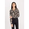 Defacto E4347 Siyah Oversize Geniş Kalıp Desenli Uzun Kollu Gömlek Tunik