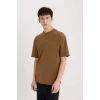 Defacto E1487 Kahve Boxy Fit Bisiklet Yaka Sırt Baskılı Kısa Kollu Tişört