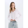 Defacto A0012 Beyaz Coool Fitted Basic Düz Düğmeli Uzun Kollu Crop Beyaz Gömlek