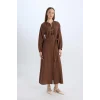 Defacto D7322 Kahve Relax Fit Hakim Yaka Uzun Kollu Maxi Elbise