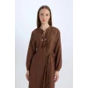 Defacto D7322 Kahve Relax Fit Hakim Yaka Uzun Kollu Maxi Elbise