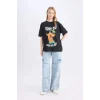 Defacto D9106 Siyah Coool Scooby Doo Oversize Geniş Kalıp Bisiklet Yaka Sırt Baskılı Kısa Kollu Tişört