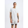 Defacto V2887 Gri DeFactoFit Slim Fit Dar Kesim Bisiklet Yaka Baskılı Sporcu Kısa Kollu Tişört
