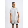 Defacto V2887 Gri DeFactoFit Slim Fit Dar Kesim Bisiklet Yaka Baskılı Sporcu Kısa Kollu Tişört
