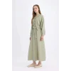 Defacto D7322 Haki Relax Fit Hakim Yaka Uzun Kollu Kuşaklı Maxi Elbise