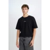 Defacto D5494 Siyah Boxy Fit Bisiklet Yaka Baskılı Kısa Kollu Ağır Kumaş Tişört