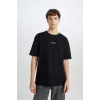 Defacto D5494 Siyah Boxy Fit Bisiklet Yaka Baskılı Kısa Kollu Ağır Kumaş Tişört
