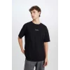 Defacto D5494 Siyah Boxy Fit Bisiklet Yaka Baskılı Kısa Kollu Ağır Kumaş Tişört