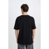 Defacto D5494 Siyah Boxy Fit Bisiklet Yaka Baskılı Kısa Kollu Ağır Kumaş Tişört