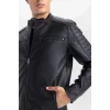 Defacto D6241 Siyah Su İtici Slim Fit Dar Kesim Dik Yaka Fermuarlı Suni Deri Mont