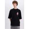 Defacto B5528 Siyah One Piece Loose Fit Bisiklet Yaka Sırt Baskılı Kısa Kollu Tişört